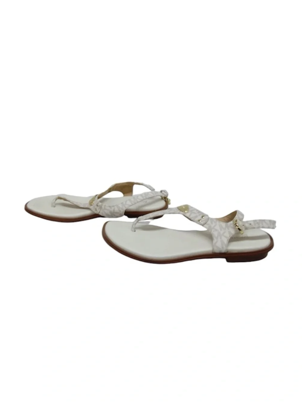 Michael Kors White Logo T-Strap Thong Sandals with Gold Accents